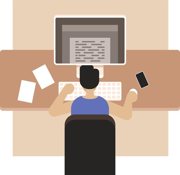 Vector vector image of a programmer at his workplace isolated on white background