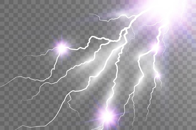 Vector image of realistic lightning flash of thunder on a transparent background