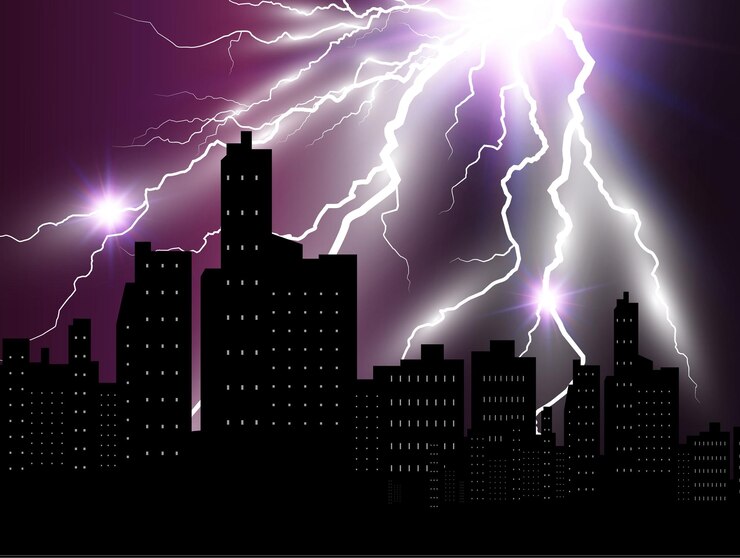 Vector vector image of realistic lightning flash of thunder on a transparent background