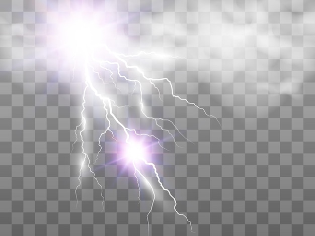 Vector image of realistic lightning. Flash of thunder on a transparent background.