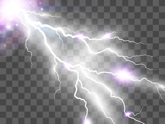 Vector image of realistic lightning. Flash of thunder on a transparent background.