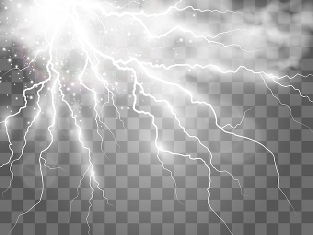 リアルな稲妻のベクトル画像。透明な背景に雷が鳴り響く。