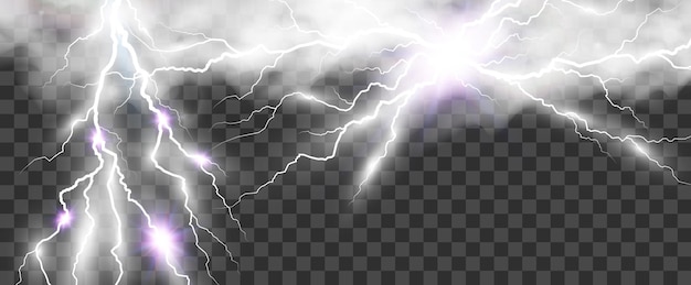 透明な背景の雷のフラッシュの現実的な雷のベクトル画像