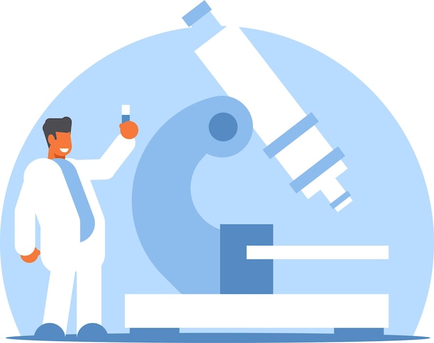Векторное изображение исследователя и гигантского микроскопа, изолированного на белом фоне