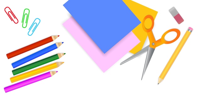 学校の文房具のベクトル画像 鉛筆はさみペーパー クリップのセットのイラスト オフィス アクセサリー