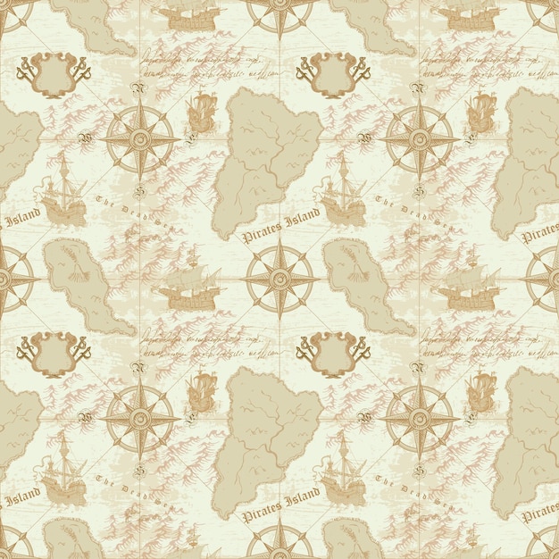 vector image of a seamless texture on the fabric and paper of the ancient nautical map of the sea