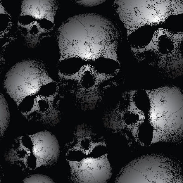 Vector image of seamless texture with skulls on black background