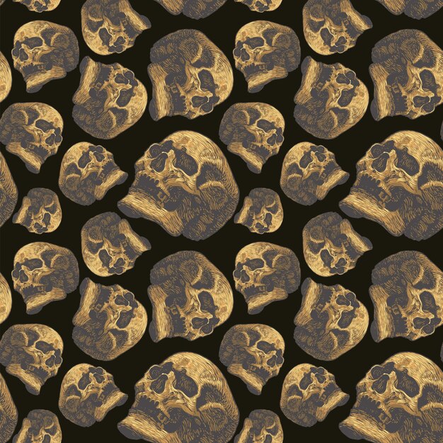 Vector vector image of seamless texture with skulls on black background