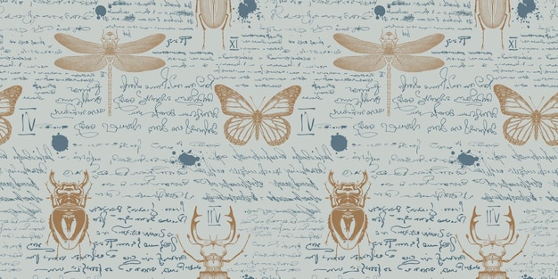 昆虫学者の日記からのメモのスタイルでシームレスなテクスチャ背景のベクトル画像