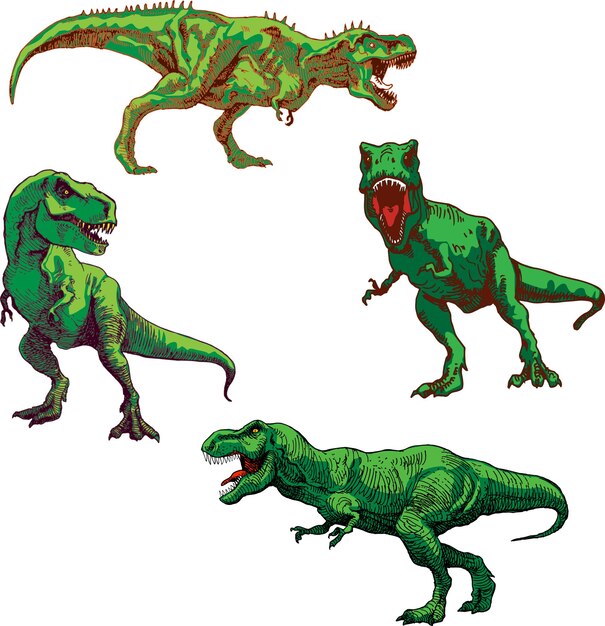 Vector image of a set of dinosaurs in the style of art outline