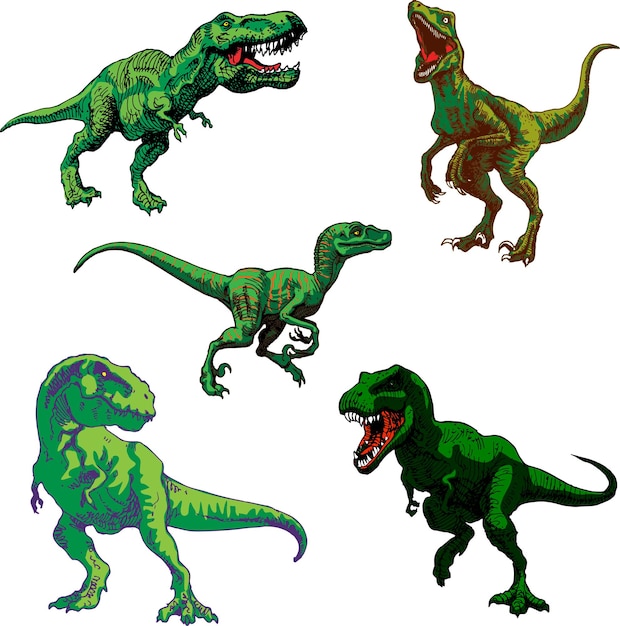 Vector image of a set of dinosaurs in the style of art outline