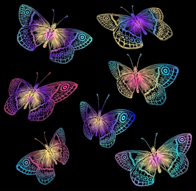 セットのベクトル画像は、カラフルな飛んでいる蝶の輪郭を描く