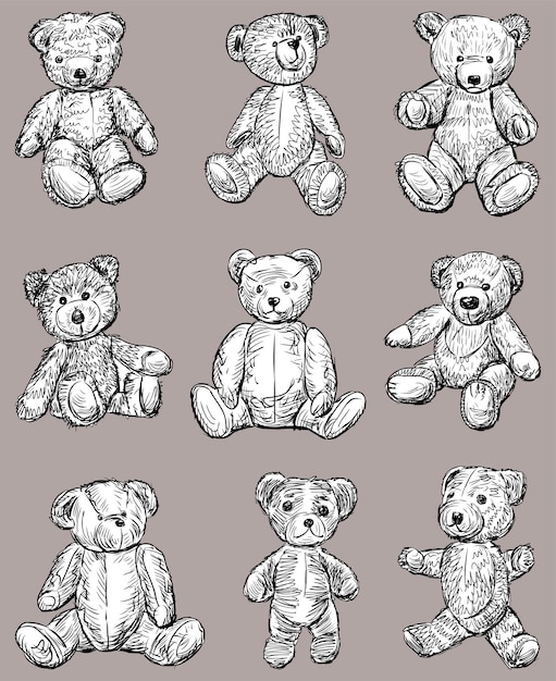 Vector image of set sketches various old teddy bears