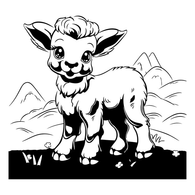 Vector vector image of a sheep on a background of mountains black and white illustration