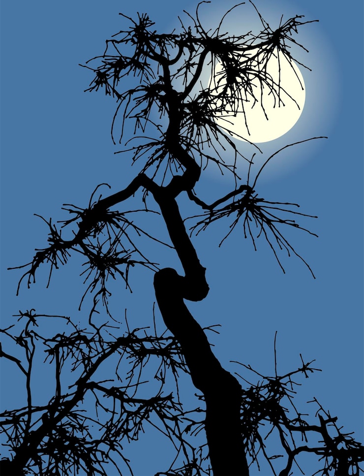 Vector vector image of silhouette crooked old dry tree in moonlit night