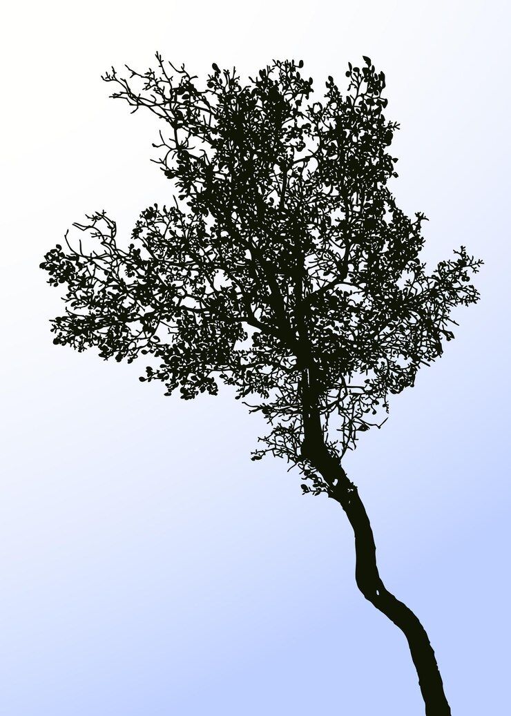 Vector vector image of silhouette deciduous tree against blue sky