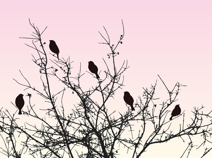 Vector vector image of silhouettes sparrows sitting on tree branches in cold frozy morning