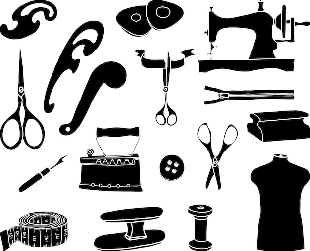 Vector vector image of silhouettes of various sewing tools for clothing manufacturing