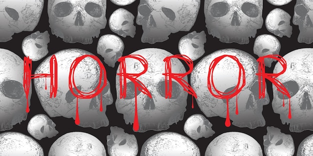 Vector image of a solid texture with skulls on a black background and the inscription horror