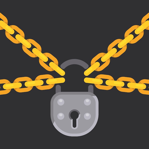 Vector Image Of A Steel Padlock With Golden Chains Isolated On Transparent Background