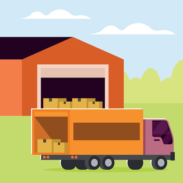 Vector vector image of a truck mear the logistics facility isolated on transparent background