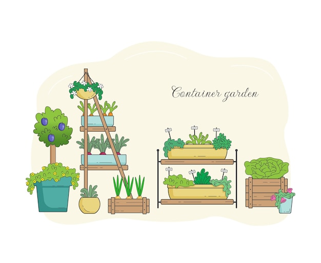 Векторное изображение овощей, растущих в контейнерах, натуральный огород, вегетарианские продукты.