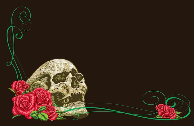 vector image of vintage roses with skull in art postcard style