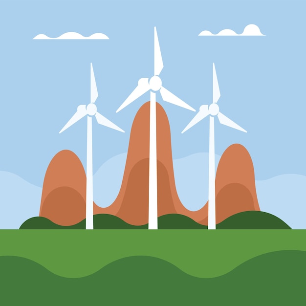 Векторное изображение ветряных турбин в зеленой долине, изолированные на прозрачном фоне