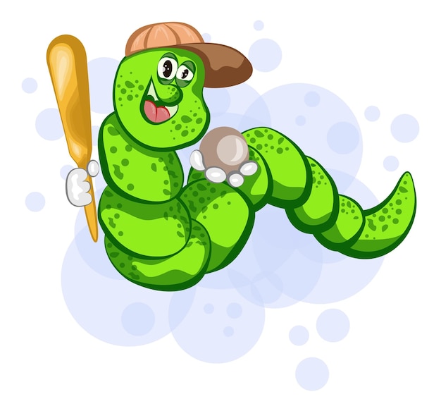 Vector image of a worm with a bat playing baseball