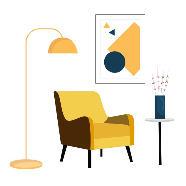 Vector vector image of a yellow chair soft armchair lamp plants and picture flat illustration