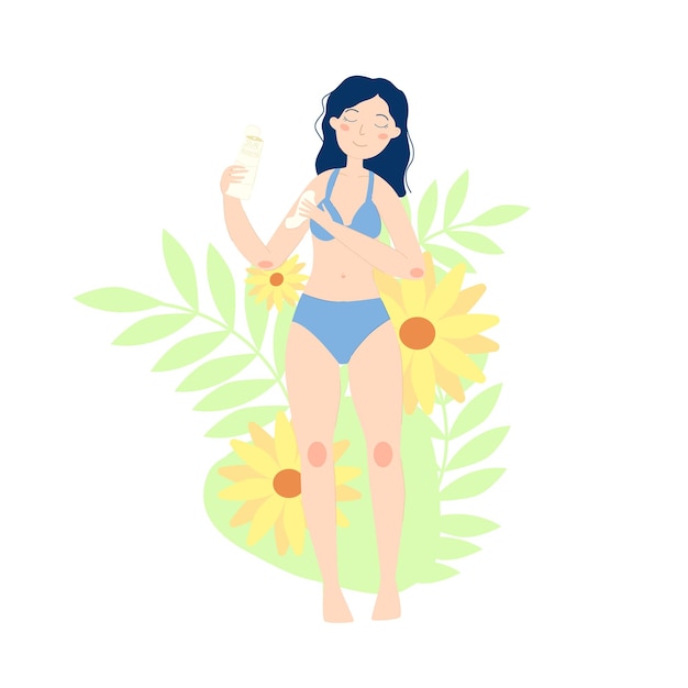 Vector image of a young woman in a bikini with a uv skin care