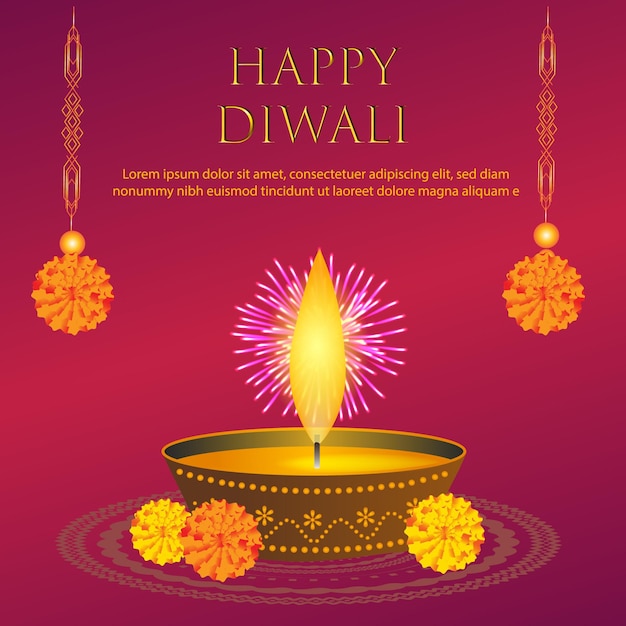 Vettore vettore stile indiano happy diwali augura il design dello sfondo della carta con bellissimi diya e fiori lucenti