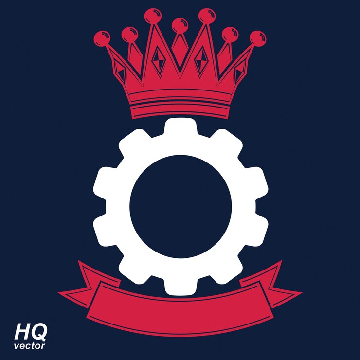 Vector vector industrial design element, cog wheel with a coronet and curvy ribbon. best engineering project award conceptual symbol. royal heraldic coat of arms.