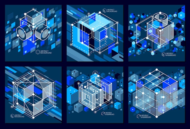 Vector industrial and engineering blue black backgrounds set, future technical plan. Modern geometric composition can be used as template and layout.