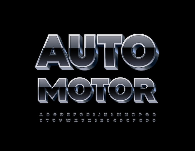 Vector industrial Sign Auto Motor.  Black and Silver Font. 3D Metallic Alphabet Letters and Numbers