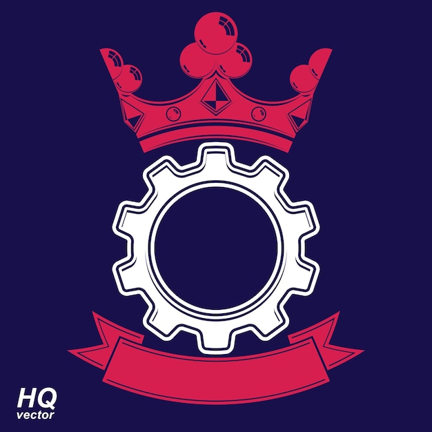 Vector industrieel ontwerpelement, tandwiel met een kroon en bochtig lint. Best engineering project award conceptueel symbool. Koninklijk heraldisch wapenschild.