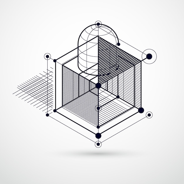 Vector industriële en technische zwart-witte achtergrond, toekomstig technisch plan. Moderne geometrische compositie kan worden gebruikt als sjabloon en lay-out.