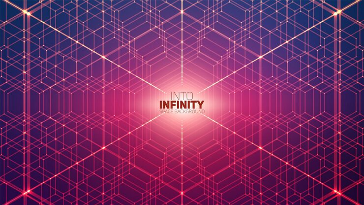 Vector 벡터 무한 육각 공간 배경입니다. 깊이, 원근감이 있는 빛나는 별의 매트릭스. 벌집 모양의 포인트 배열이 있는 기하학적 배경입니다. 추상 미래 우주입니다.