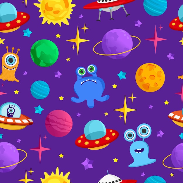 Vector infinite pattern on a space theme with planets ufos and aliens flatstyle illustration flyers