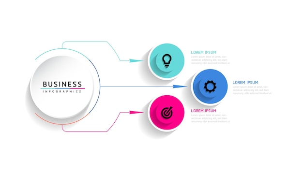 Vector vector-infografische bedrijfspresentatie-sjabloon met cirkelvormige interconnectie met 3 opties