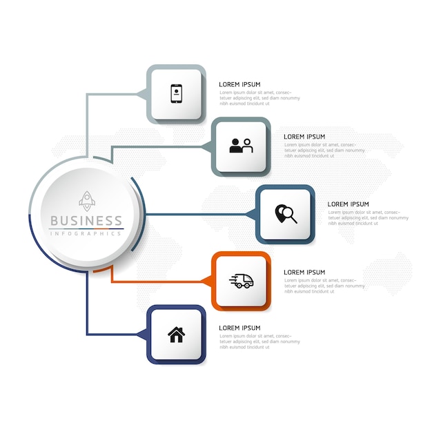 Vector-infografische bedrijfspresentatie-sjabloon verbonden met 5 opties