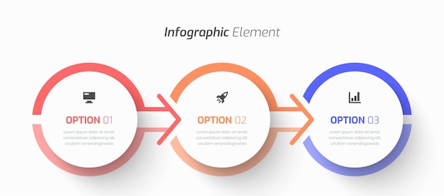 벡터 서클 라벨 화살표 아이콘과 3 개의 프레젠테이션 옵션을 가진  ⁇ 터 인포그래픽 비즈니스