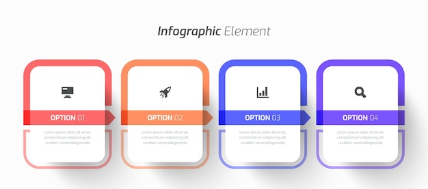 벡터 직사각형 라벨 화살표 아이콘과 4 개의 프레젠테이션 옵션을 가진  ⁇ 터 인포그래픽 비즈니스