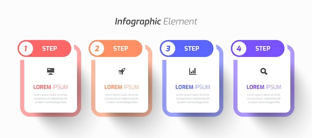 長方形のラベル アイコンとプレゼンテーションの 4 つのステップを備えたベクター インフォ グラフィック ビジネス