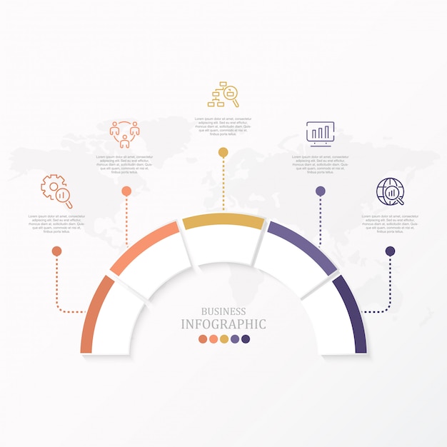 Modello di progettazione di cerchi infografica vettoriale con cinque opzioni o passaggi.