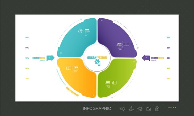 벡터 Infographic 원형 템플릿입니다. 4개 부품, 옵션이 있는 사이클 다이어그램. 차트에 사용할 수 있습니다