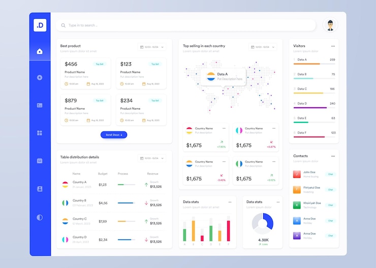 Vector vector infographic dashboard ui ux design with graphs charts and diagrams web interface template
