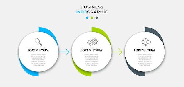 Modello di business di progettazione infografica vettoriale con icone e 3 opzioni o passaggi. può essere utilizzato per diagramma di processo, presentazioni, layout del flusso di lavoro, banner, diagramma di flusso, grafico informativo