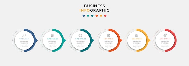 Modello di business di progettazione infografica vettoriale con icone e 6 opzioni o passaggi. può essere utilizzato per diagramma di processo, presentazioni, layout del flusso di lavoro, banner, diagramma di flusso, grafico informativo