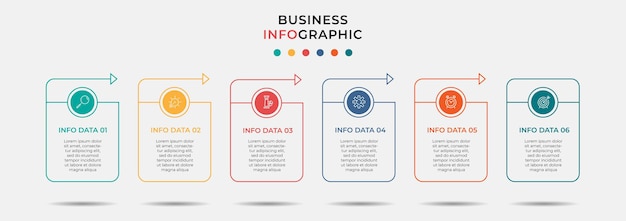 Modello di business di progettazione infografica vettoriale con icone e 6 opzioni o passaggi. può essere utilizzato per diagramma di processo, presentazioni, layout del flusso di lavoro, banner, diagramma di flusso, grafico informativo